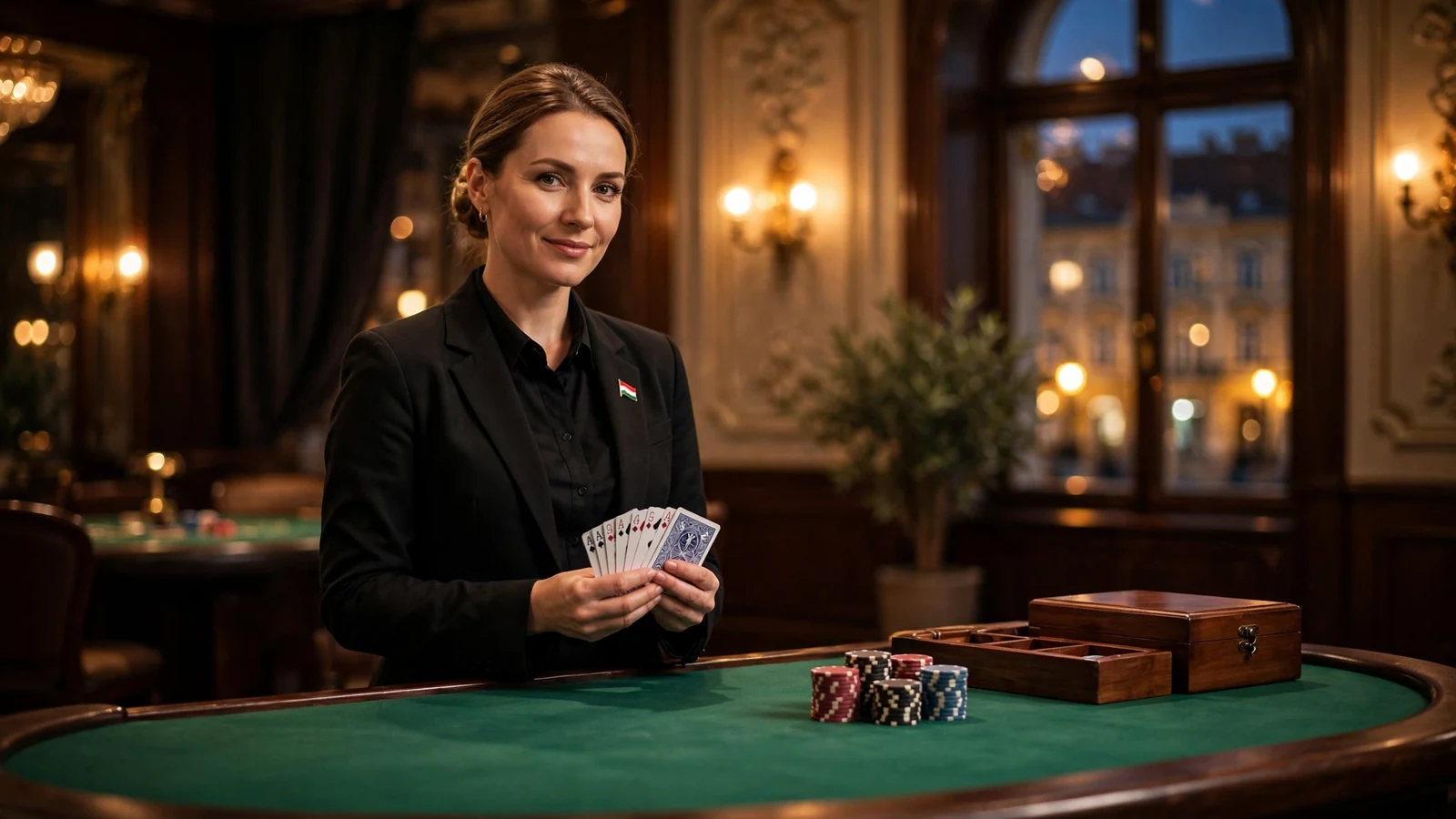 Elegáns élő osztó a blackjack asztalnál, meleg kaszinóvilágításban