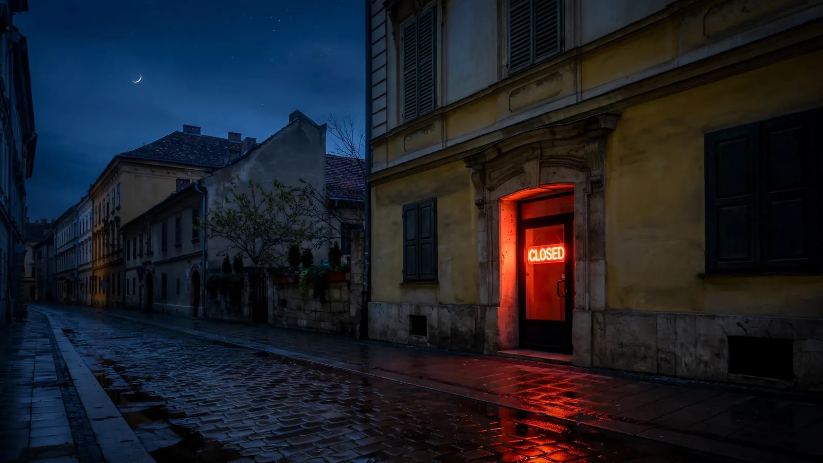 Zárt kaszinó ajtaja éjszaka, vörös neon