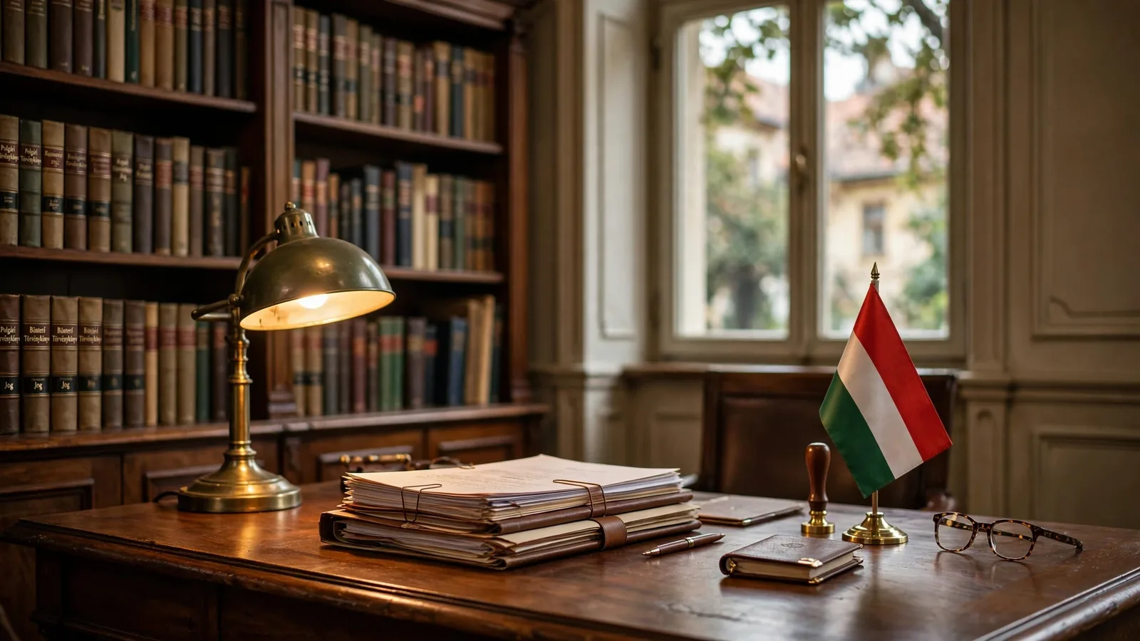 Elegáns magyar ügyvédi iroda íróasztallal, hivatalos dokumentumokkal és magyar zászlóval.