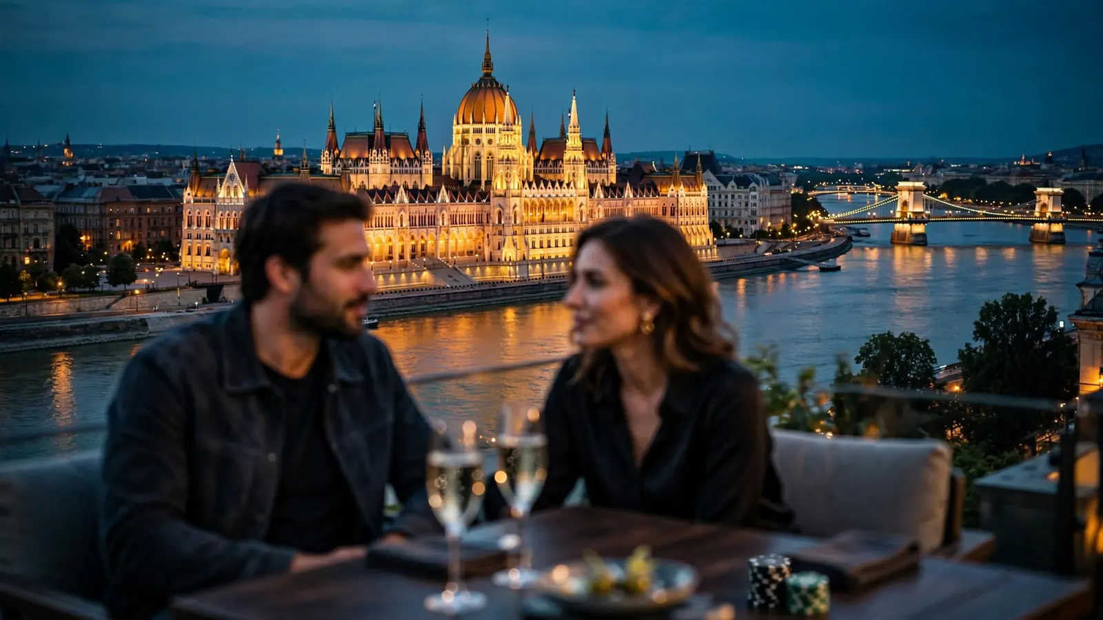 Budapest éjszakai panorámája kaszinó hangulattal és zsetonokkal