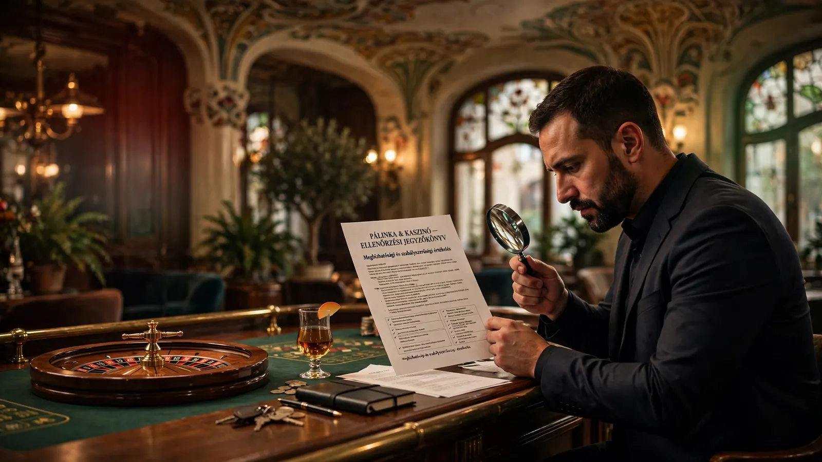 Elegáns budapesti kaszinó bár atmoszféra, dokumentumot átnéző alakkal